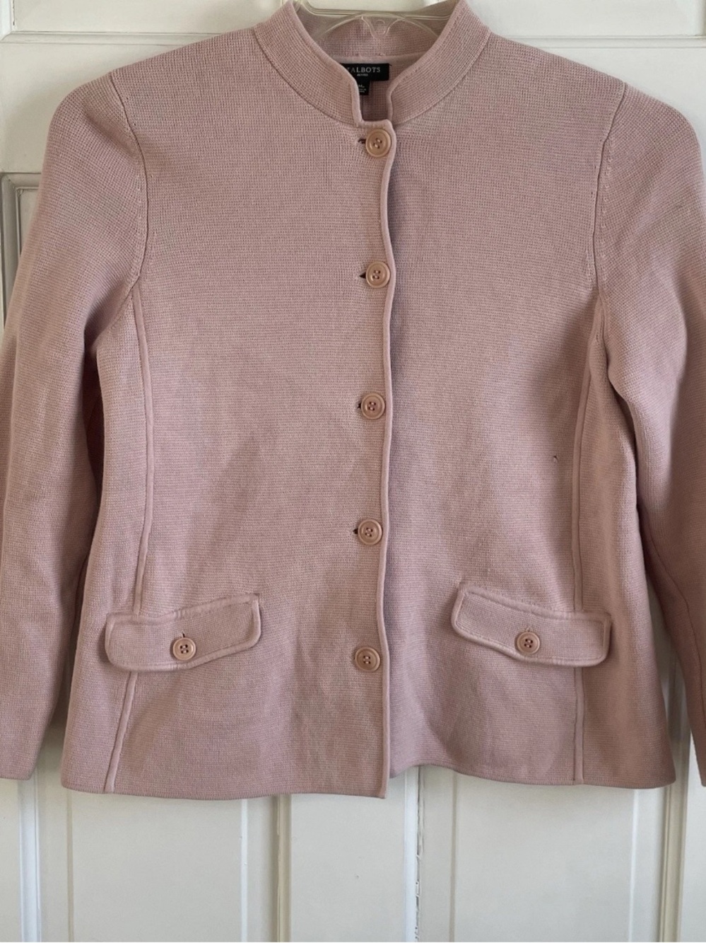 Blush Pink Talbots Sweater Jacket Size M petite Nehru Collar Button Up feminine